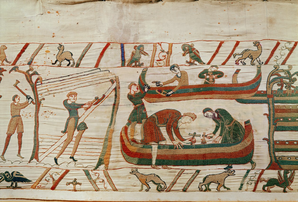 Hajóépítés Vilmos herceg parancsára, Bayeux Gobelin (gyapjú hímzés vászonra) alkotó: Unbekannt