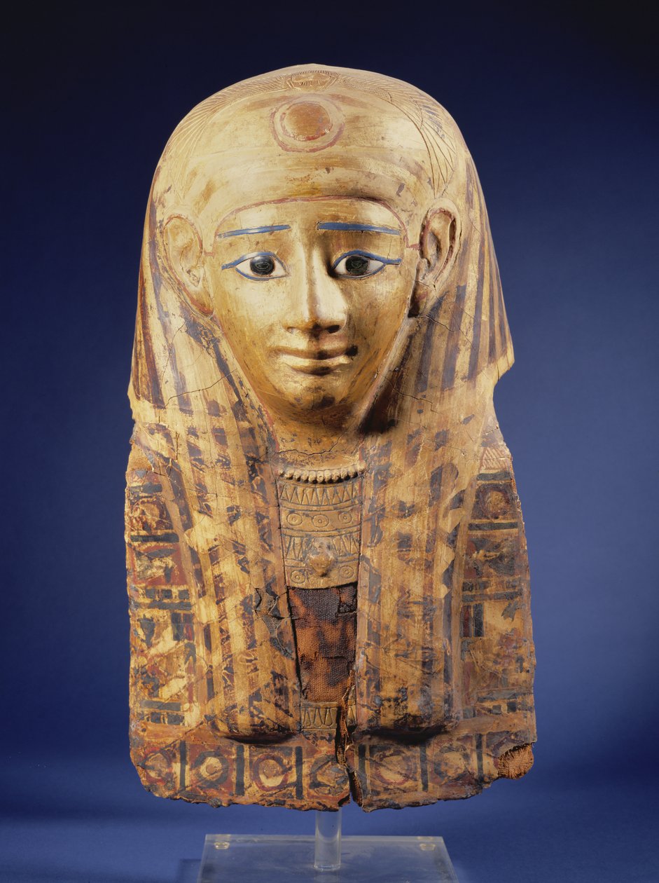 Cartonnage múmia fejfedő lappet parókával, szemek obszidiánnal és alabástrom kirakással, egyiptomi, késői időszak (i. e. 644-332) alkotó: Unbekannt