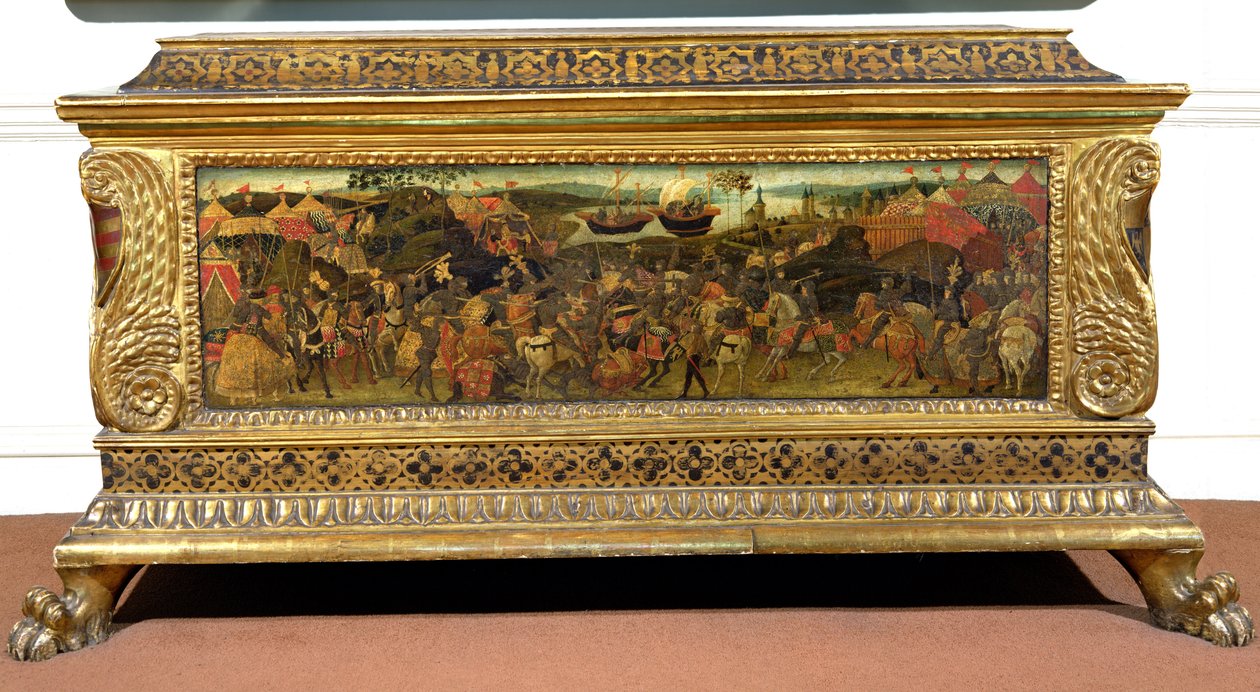 Cassone, festett oldalpanellel, amely a pharsaliai csatát ábrázolja a „Pompeius és Caesar történetéből”, firenzei iskola alkotó: Unbekannt