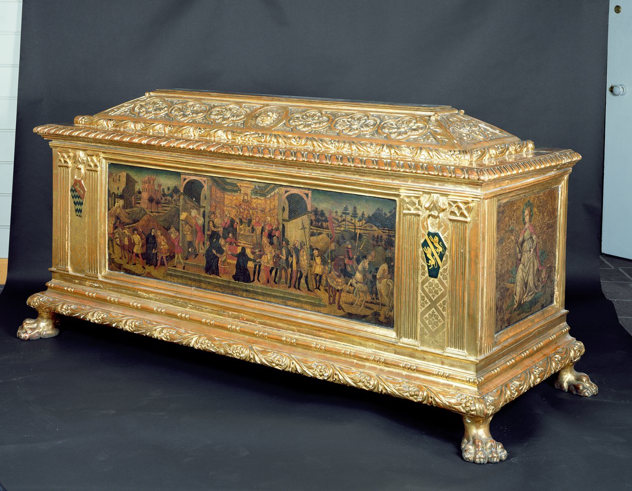 Cassone Scipio kontinenciáját ábrázoló táblákkal, valamint Erősség és Megfontoltság allegóriáival, Apollonio di Giovanni 1460-65 körüli műhelyének tulajdonítva (tempera a panelen) alkotó: Unbekannt