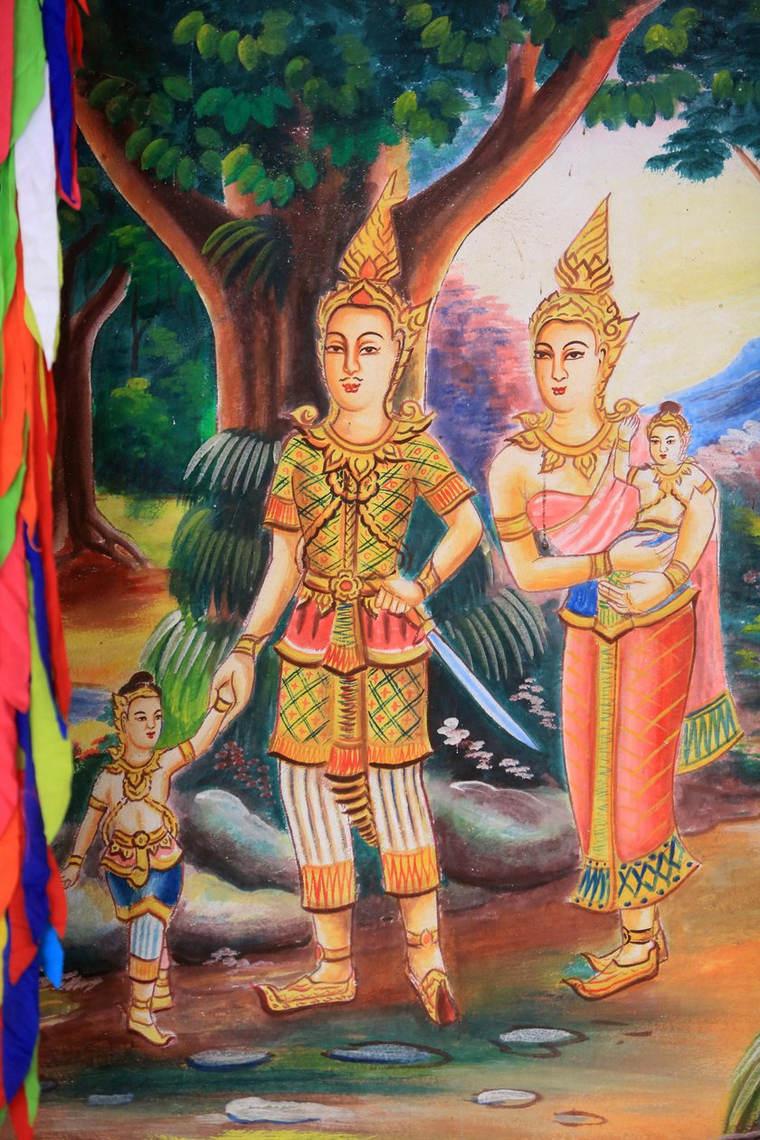 Mennyezeti alkotás, amely Buddha életét ábrázolja. Wat Si Sou Mang Karam templom. Vieng Vang. Laosz, 20151102, Vieng Vang, Laosz alkotó: Unbekannt