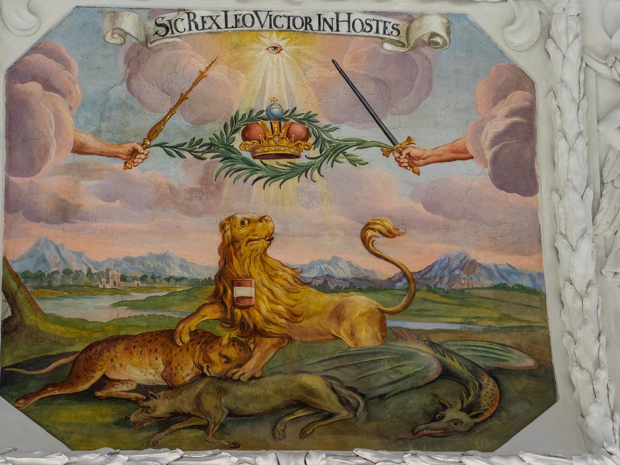 Mennyezeti freskó a Szent Katalin-templom folyosóján, I. Lipót császár oszmánok felett aratott győzelmeinek allegorikus ábrázolásai, Habsburgok mauzóleuma, Graz, Stájerország, Ausztria, Európa (fotó) alkotó: Unbekannter Künstler