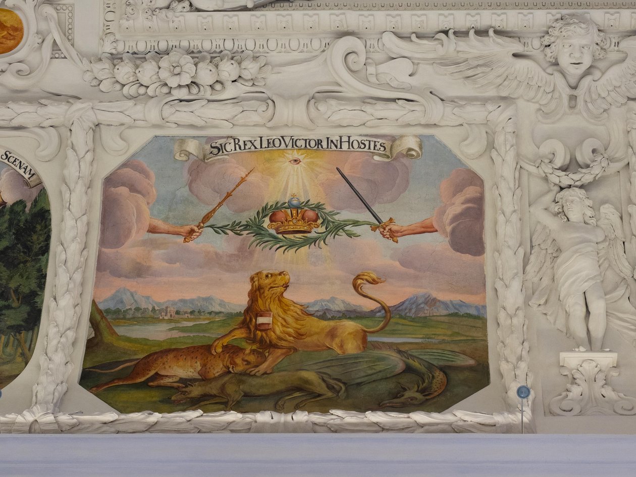 Mennyezeti freskó a Szent Katalin-templom folyosóján, I. Lipót császár oszmánok felett aratott győzelmeinek allegorikus ábrázolásai, Habsburgok mauzóleuma, Graz, Stájerország, Ausztria, Európa (fotó) alkotó: Unbekannter Künstler