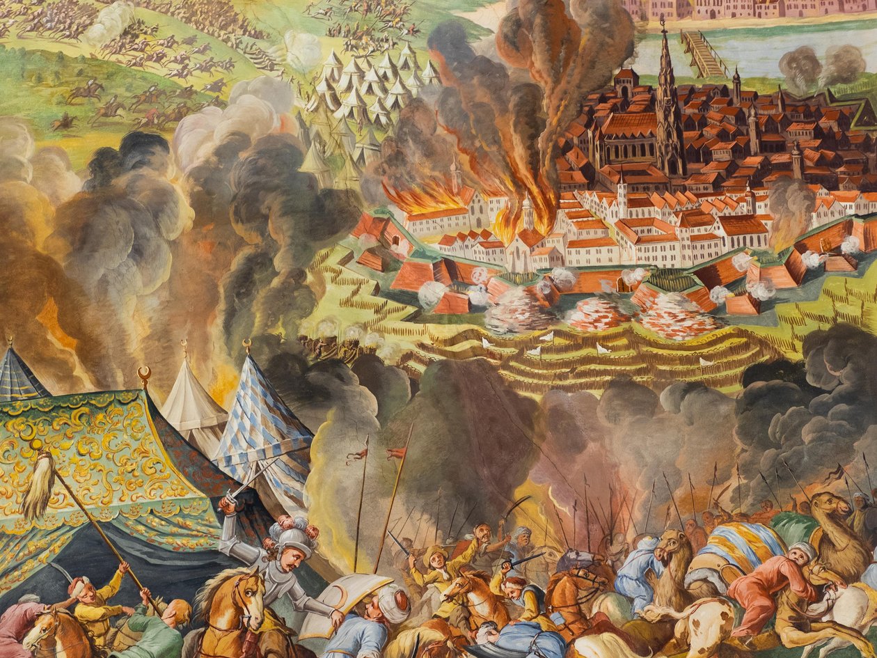 Mennyezeti freskó a Szent Katalin templom mellékfolyosójában, Bécs 1683-as leszerelése, Habsburgok mauzóleuma, Graz, Stájerország, Ausztria, Európa (fotó) alkotó: Unbekannter Künstler