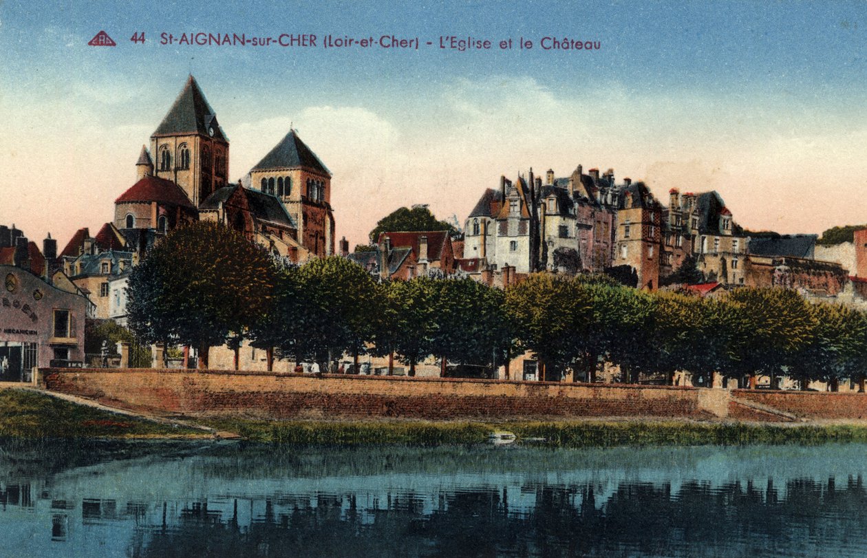 Központ, Loir et Cher (41), Saint Aignan sur Cher (Saint-Aignan-sur-Cher): kilátás a városra a templommal és a kastéllyal - Képeslap 19.-20. század vége alkotó: Unbekannt