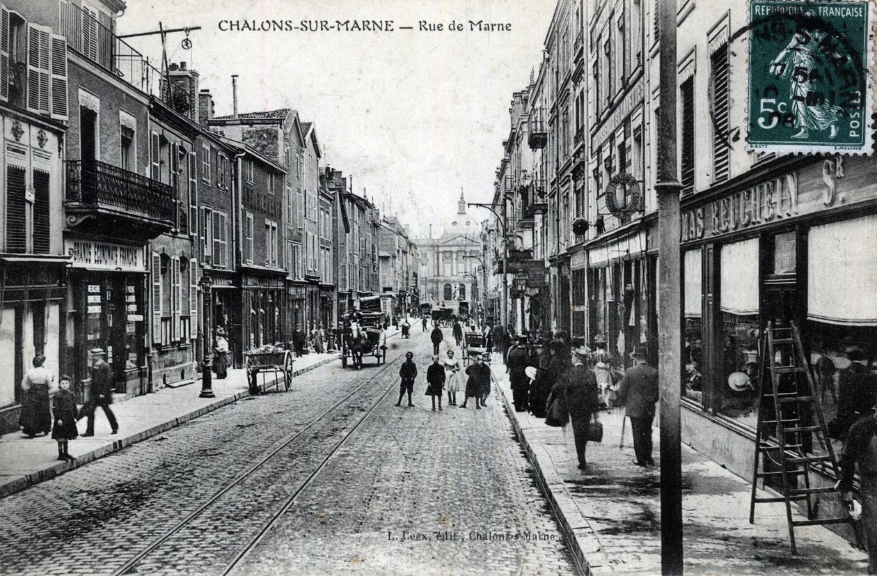 Champagne-Ardenne, Marne (51), Chalons sur Marne (Chalons-sur-Marne): kilátás a rue de la Marne-ra (a város neve most Chalons en Champagne (Chalons en Champagne)) - Képeslap 19. század vége-XX. század eleje alkotó: William M. Timlin