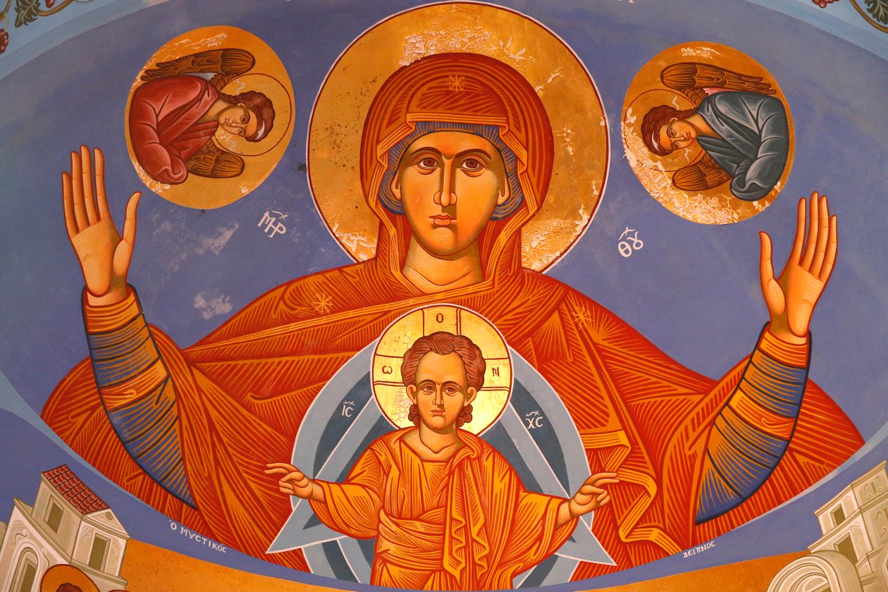 Chancel mennyezeti freskó a Pedoulas ortodox templomban. Szűz és gyermek, 20150510, Pedoulas, Ciprus alkotó: Unbekannt