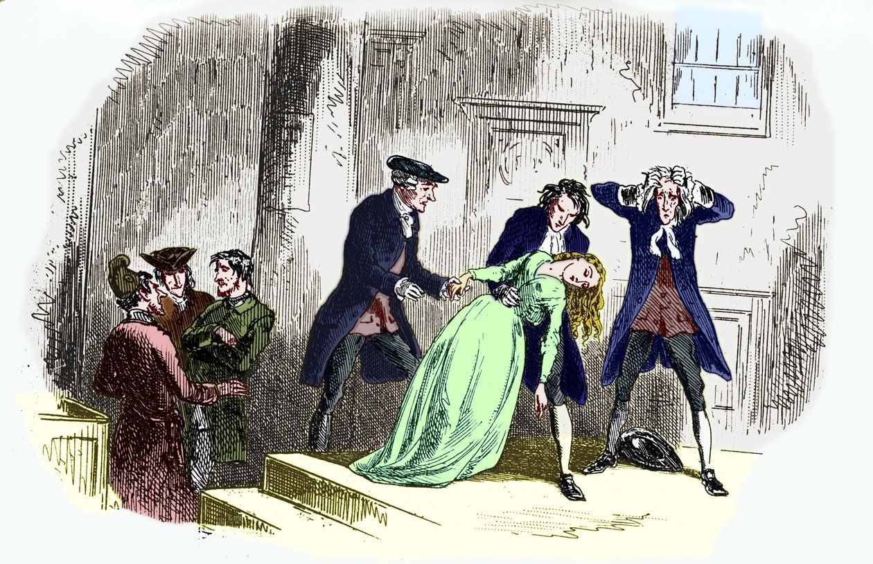 Charles Dickens „Két város meséje” : A felirat így szól: A mondat után. - Lucie Manette elájul. CD: angol regényíró, 1812. február 7., 1870. június 9. Illusztráció: George Cruikshank: angol karikaturista és könyvillusztrátor alkotó: Unbekannt