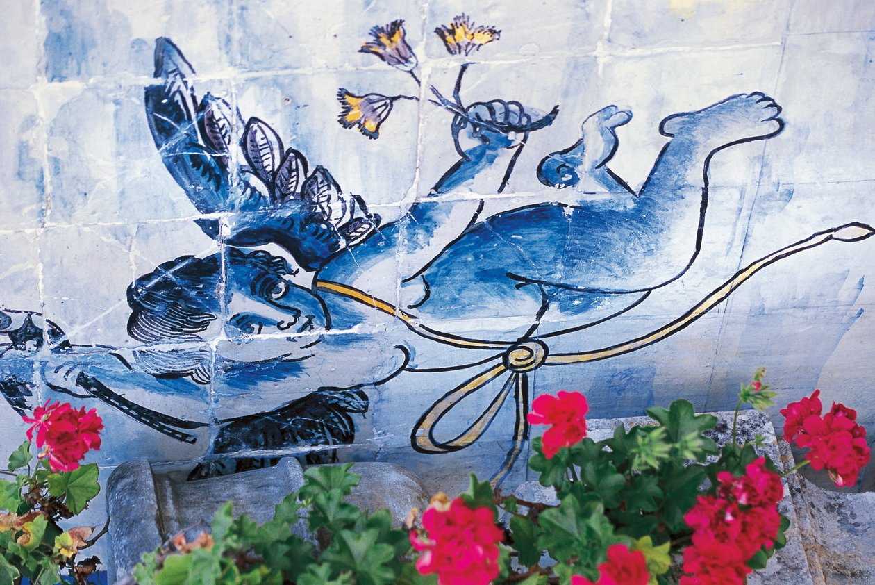 Cherub, azulejos csempe, Fronteira márki palotája, Lisszabon, Portugália, részlet alkotó: Benjamin Baud