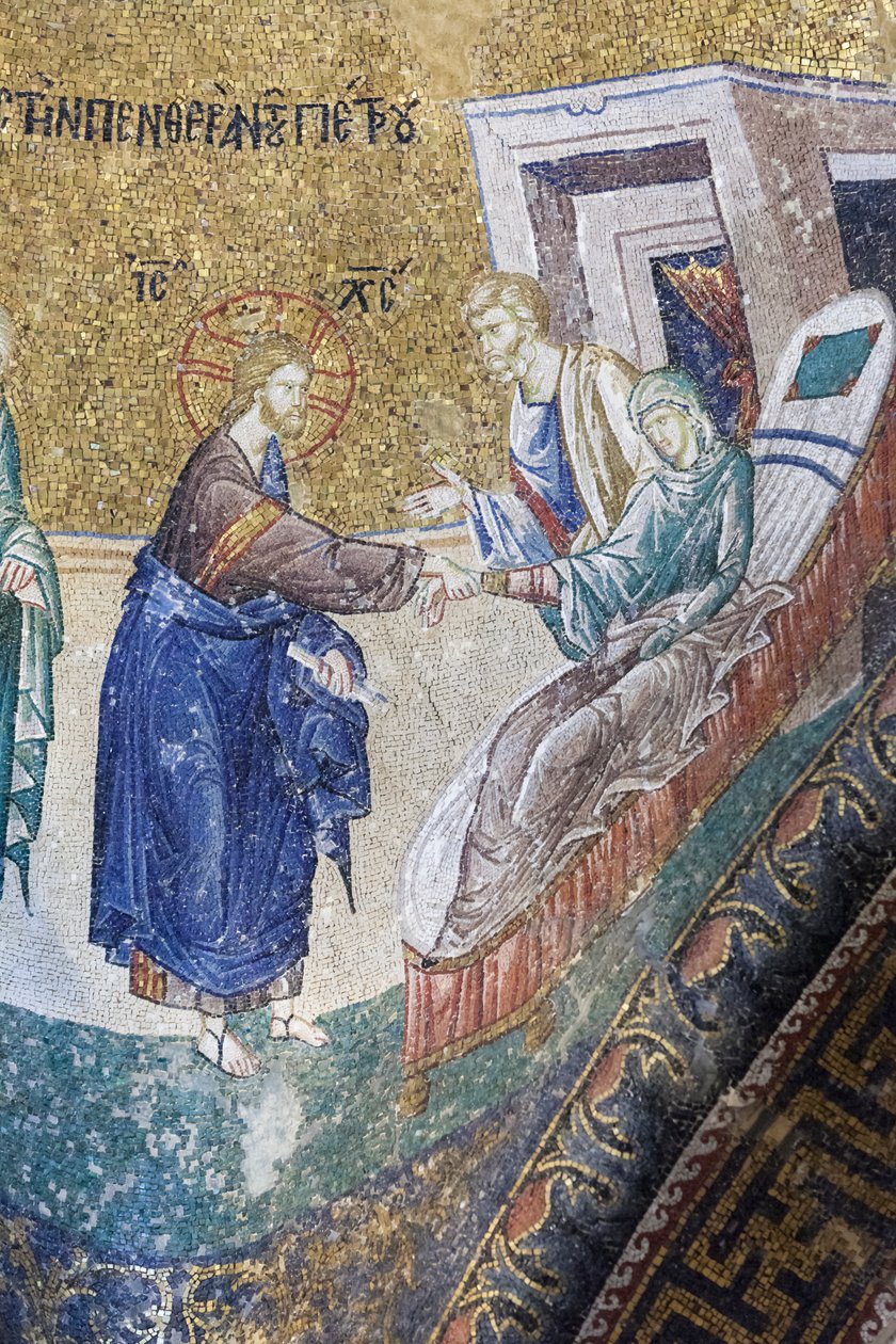 Krisztus meggyógyítja Péter anyósát, mozaik a Cora templomban, Isztambulban, Törökországban alkotó: Unbekannter Künstler