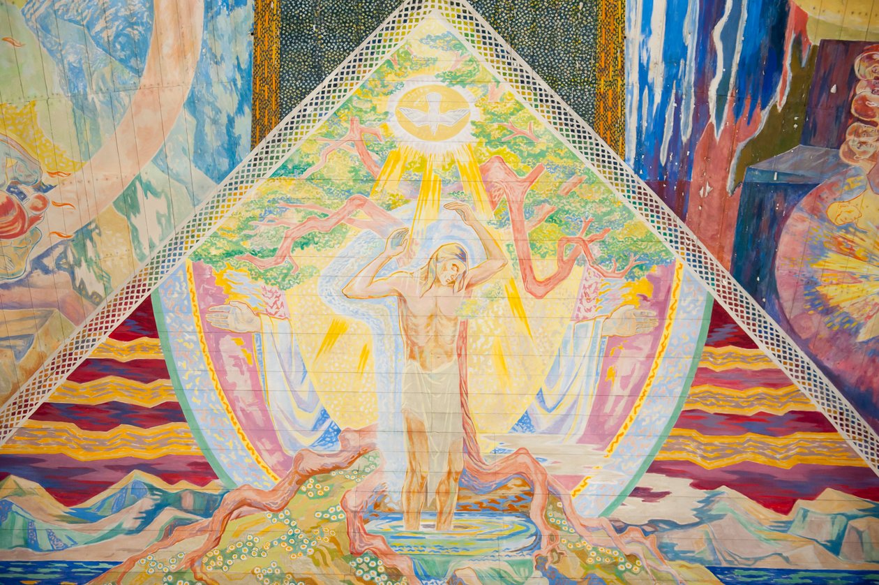 Kereszténység; modern; Művészet; Lous Mohr színes mennyezetfestménye „”” Trinity””””; 1938; Jézus Krisztus festménye az oslói katedrálisban; Oslo Domkirke; Oslo; Norvégia; Skandinávia; Észak-Európa; Európa alkotó: Unbekannt