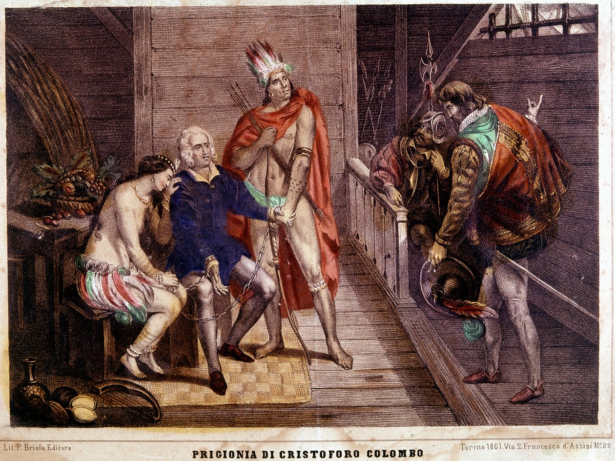 Kolumbusz Kristóf (Colombo) láncai 1500-ban, Spanyolországba való visszatérésekor - 1861-es olasz metszet alkotó: Unbekannter Künstler