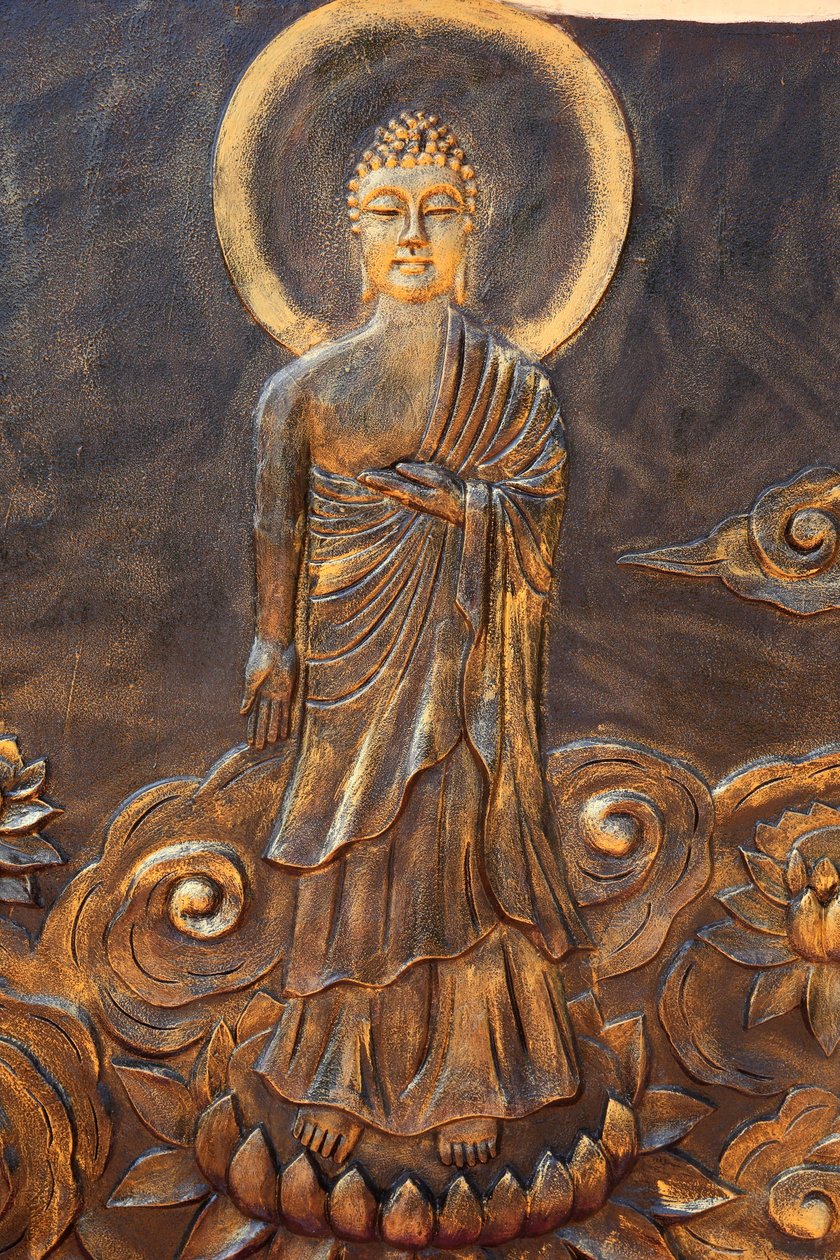 Chue Thien Lang Go buddhista pagoda. Shakyamuni Buddha. Varad Mudra: Gastre of Charity. Nem történik meg. Vietnam alkotó: Unbekannt