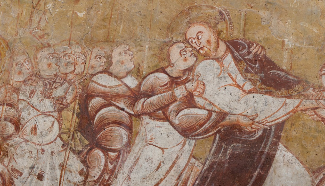 Templom (Église Saint-Martin). Belső. Falfestmények (freskó). A kórus északi fala. Részlet. Krisztus letartóztatása. 12. század. alkotó: Unbekannt