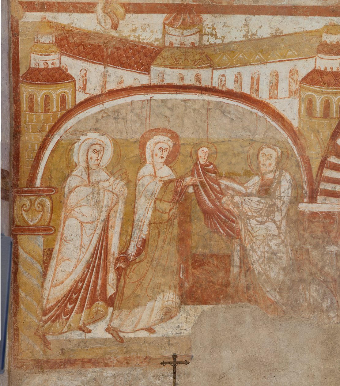 Templom (Église Saint-Martin). Belső. Falfestmények (freskó). A hajó nyugati fala. Részlet. Bemutató a templomban. 12. század. alkotó: Unbekannt