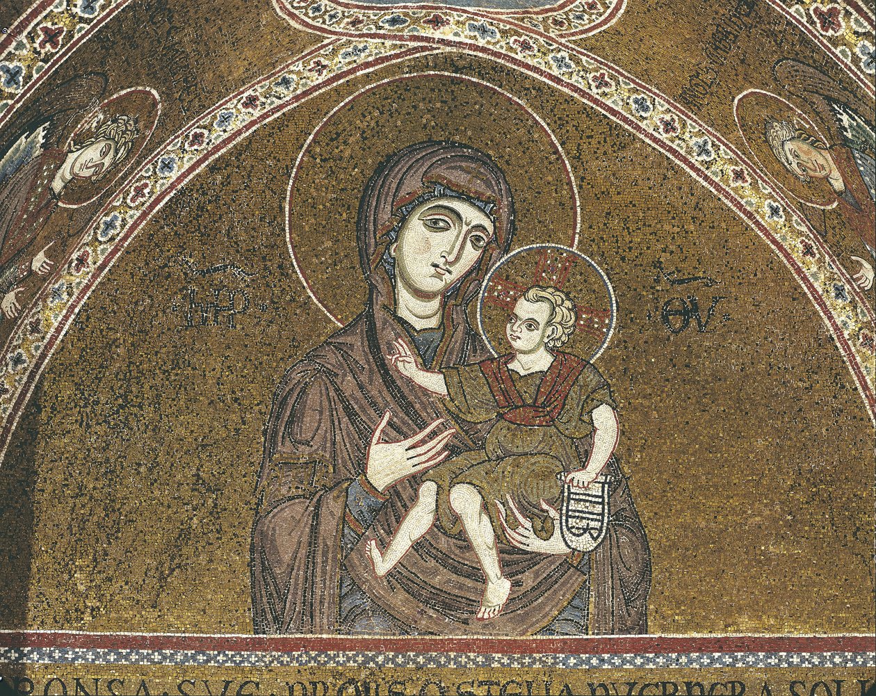 Közeli kép Szűz Mária falfestményéről, Monreale, Szicília, Olaszország alkotó: Benjamin Baud