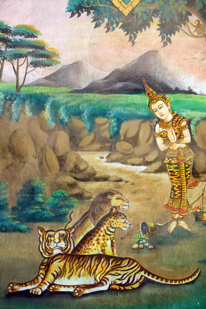 Együttérzés az állatokkal szemben. Sákjamuni Buddha élettörténetét ábrázoló festmény. Wat Naxai. Vientiane. Laosz, 20151106, Vientiane, Laosz alkotó: Unbekannt