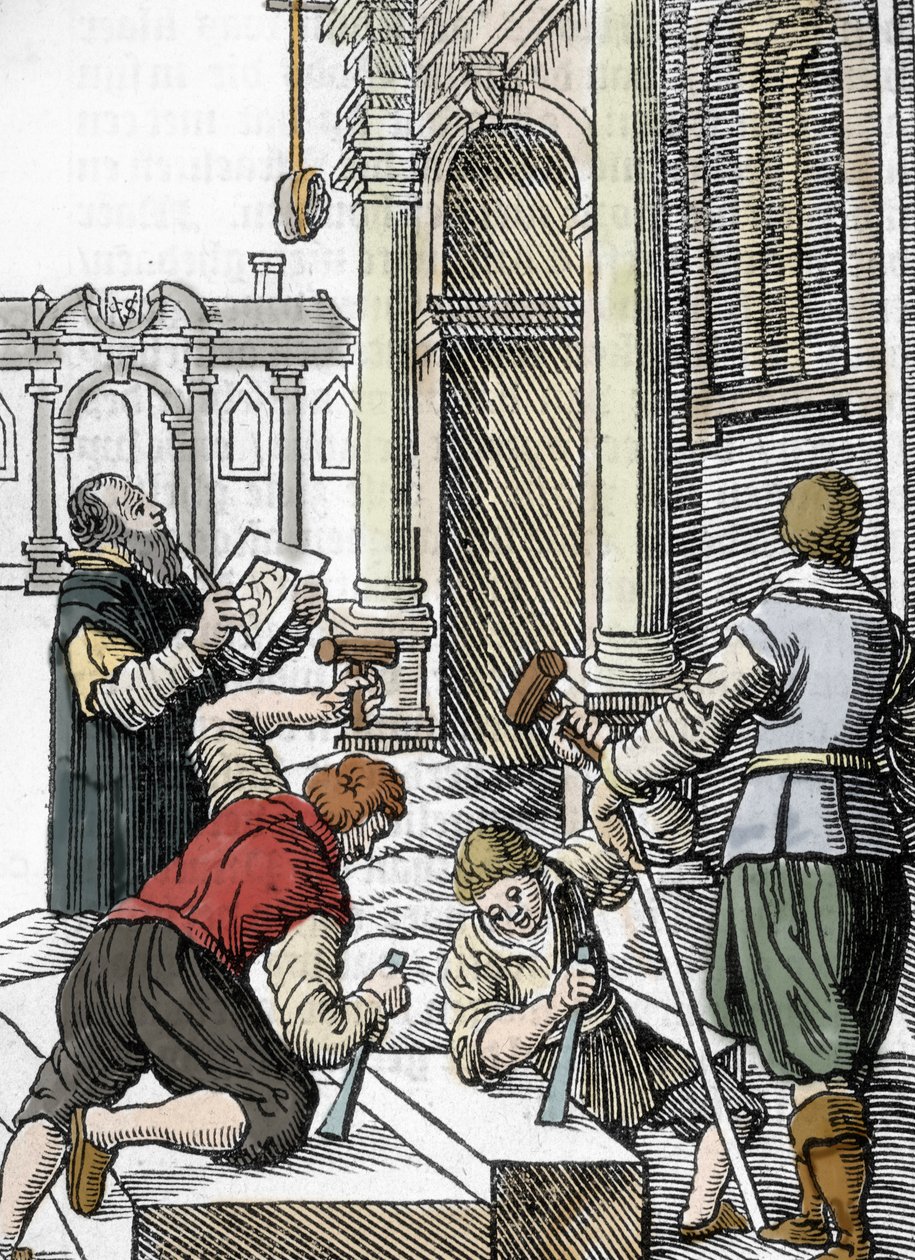 Székesegyház építése, kőfaragók a XIII. XIV. században (metszet) alkotó: Unbekannter Künstler