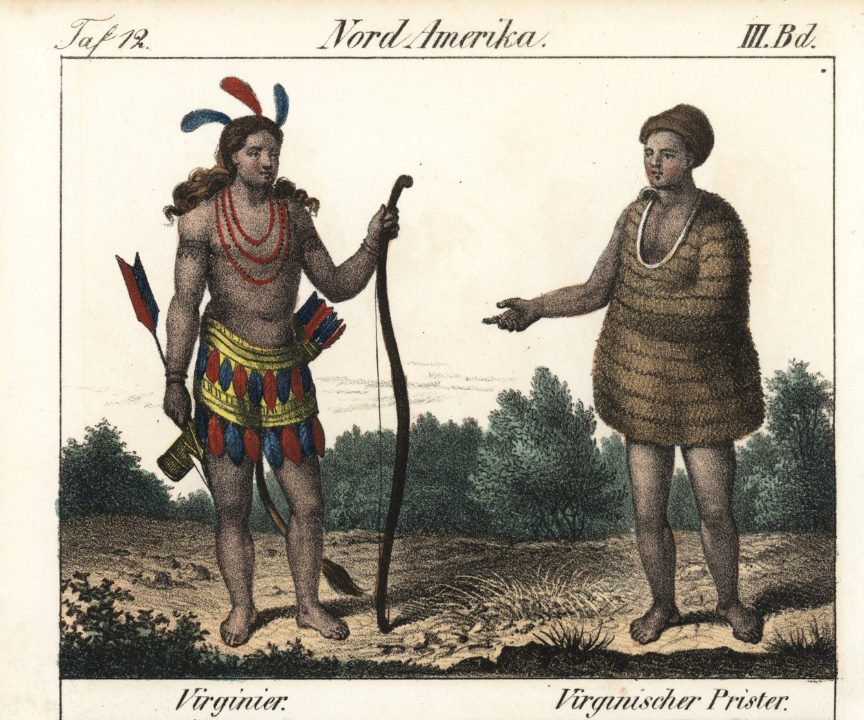 A virginiai Powhatan indiánok (USA) jelmeze: egy harcos és egy Secota pap. Litográfia a könyvhöz: Friedrich Wilhelm Goedsche (1785-1863) "Galerie complete en tableaux fideles des peuples d