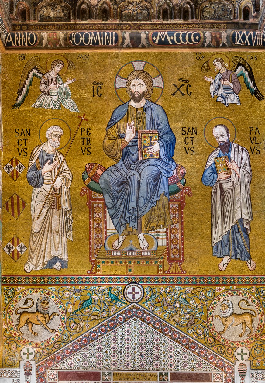 Ellenhomlokzat: "Krisztus Felsége Szent Péter és Pál között trónol" mozaik, XII. század, A nádori kápolna, a királyi palota vagy a Palazzo dei Normanni (Normannok palotája), Palermo, Szicília, Olaszország (fotó) alkotó: Unbekannter Künstler