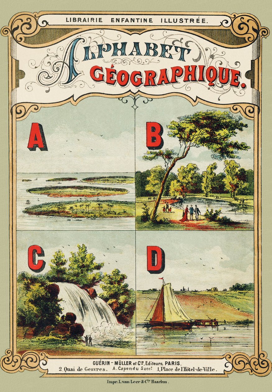 Borító: A: szigetvilág, B: Bois de Boulogne, C: vízesés, D: gát - Földrajzi ábécéből kivont metszet. Guerin-Muller et Cie, kiadók, Párizs alkotó: Unbekannt