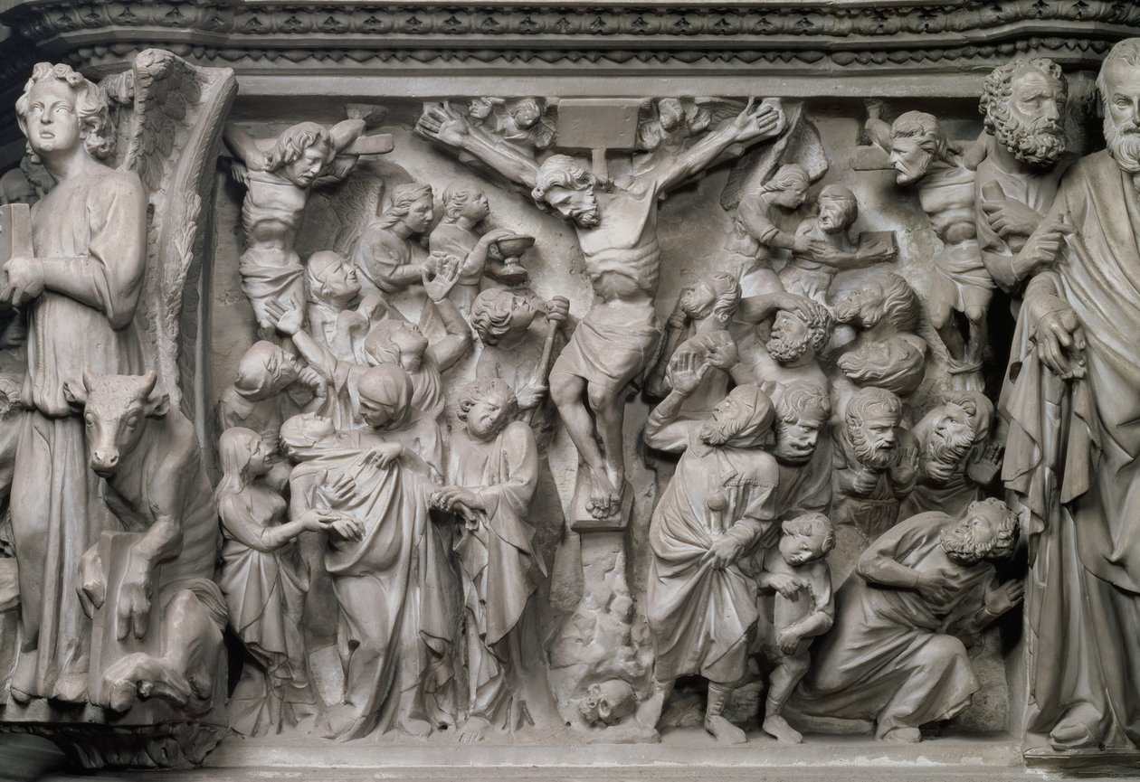 Keresztrefeszítési jelenet: a Giovanni Pisano (1245-1329) által tervezett hatszögletű szószék tetejének domborművének részlete, 1297 körül (márvány) (77020 részlet). alkotó: Unbekannter Künstler