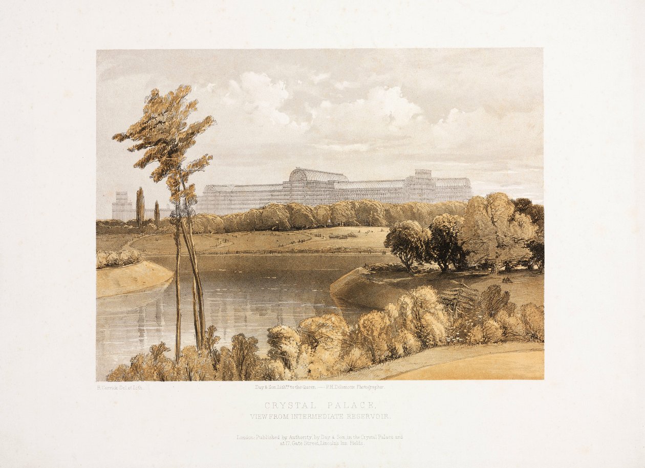 Kristálypalota, Nagy kiállítás utáni Kristálypalota a Középső Víztározóból, 1855. alkotó: Unbekannt