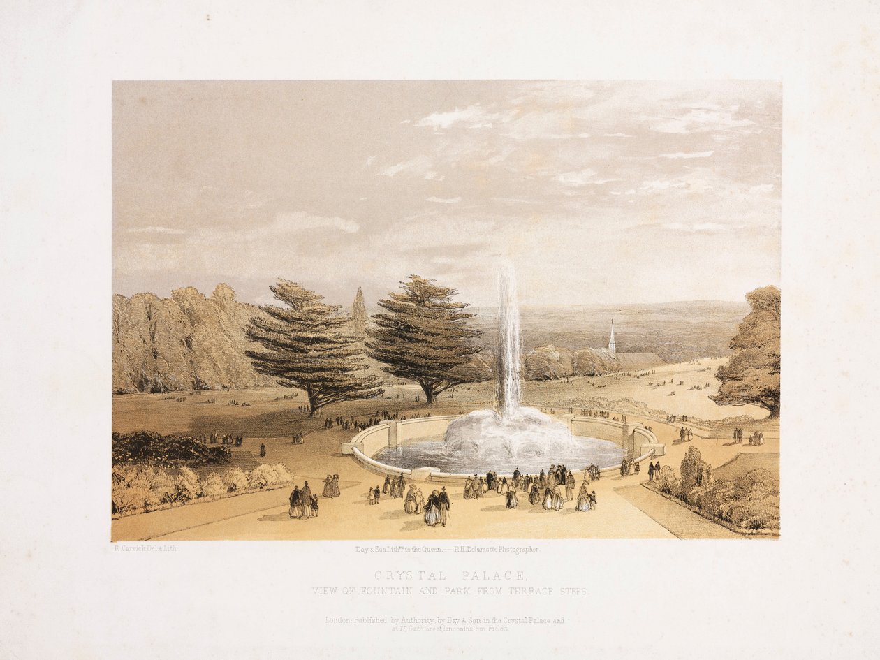 Kristálypalota, Nagy kiállítás utáni szökőkút és park a Crystal Palace teraszlépcsőjéről, 1855 alkotó: Unbekannt