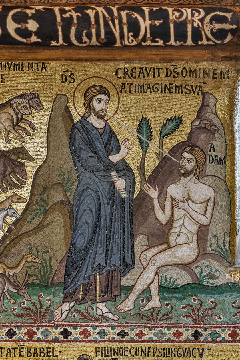 Mozaikciklus az Ószövetségről, Teremtés ciklusa: "Ádám teremtése", XII. század, A nádori kápolna, a királyi palota vagy a Palazzo dei Normanni (Normannok palotája), Palermo, Szicília, Olaszország (fotó) alkotó: Unbekannter Künstler