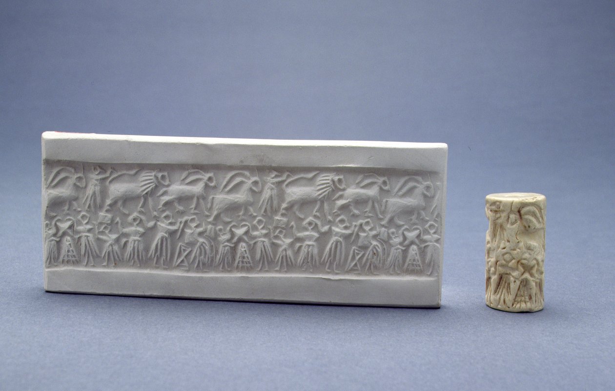 Hengerpecsét, gipszlenyomattal ábrázolva, mezopotámiai, sumér (III. dinasztikus korai), Kr.e. 2500 körül (kő) alkotó: Unbekannt