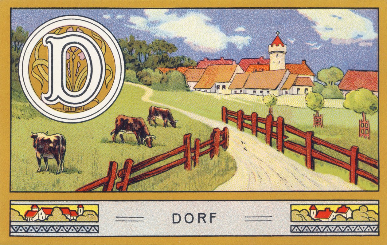 D: Dorf - Alphabet Palmin. Kromolitográfiák sorozata, szerkesztette: H. Schlinck & Cie, Hamburg, p. d. . Palmin feinstes Cocosfett reklámja. Méretek: 7 x 11 cm alkotó: William M. Timlin