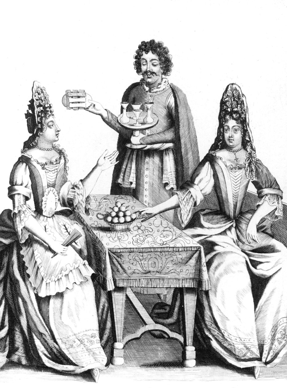 Dames prenant des rafraichissements au 17e siecle (apres 1670) - felfrissülést fogyasztó nők a 17. században - mode fashion coiffe coiffe headgear hairstyle eventail fan cafe bar France alkotó: Unbekannter Künstler