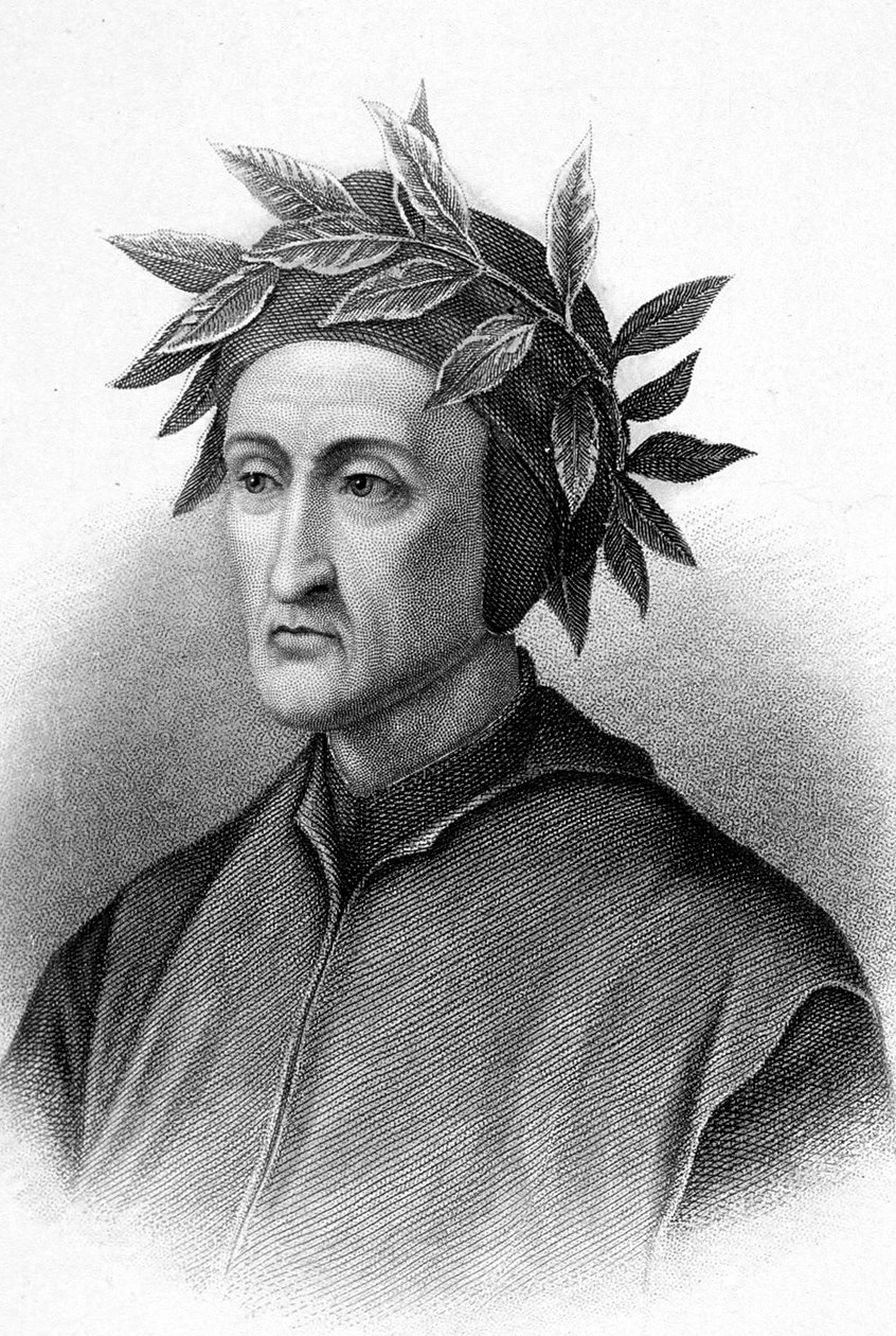 Dante Alighieri (1265-1321) olasz író (Isteni komédia), itt babérkoszorúval, metszet. alkotó: Unbekannter Künstler