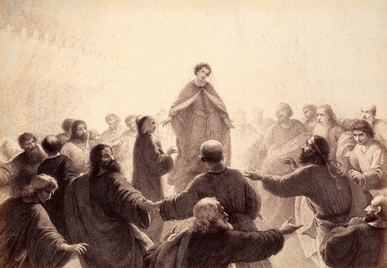 Dantét és Beatricét a Bölcsek szellemei énekelve és táncolva veszik körül. Illusztráció Dante Alighieri Isteni komédiájának Paradiso XIV. énekéhez. Franceso Scaramuzza műve, amelyet a firenzei önkormányzatnak szentelt. alkotó: Unbekannter Künstler