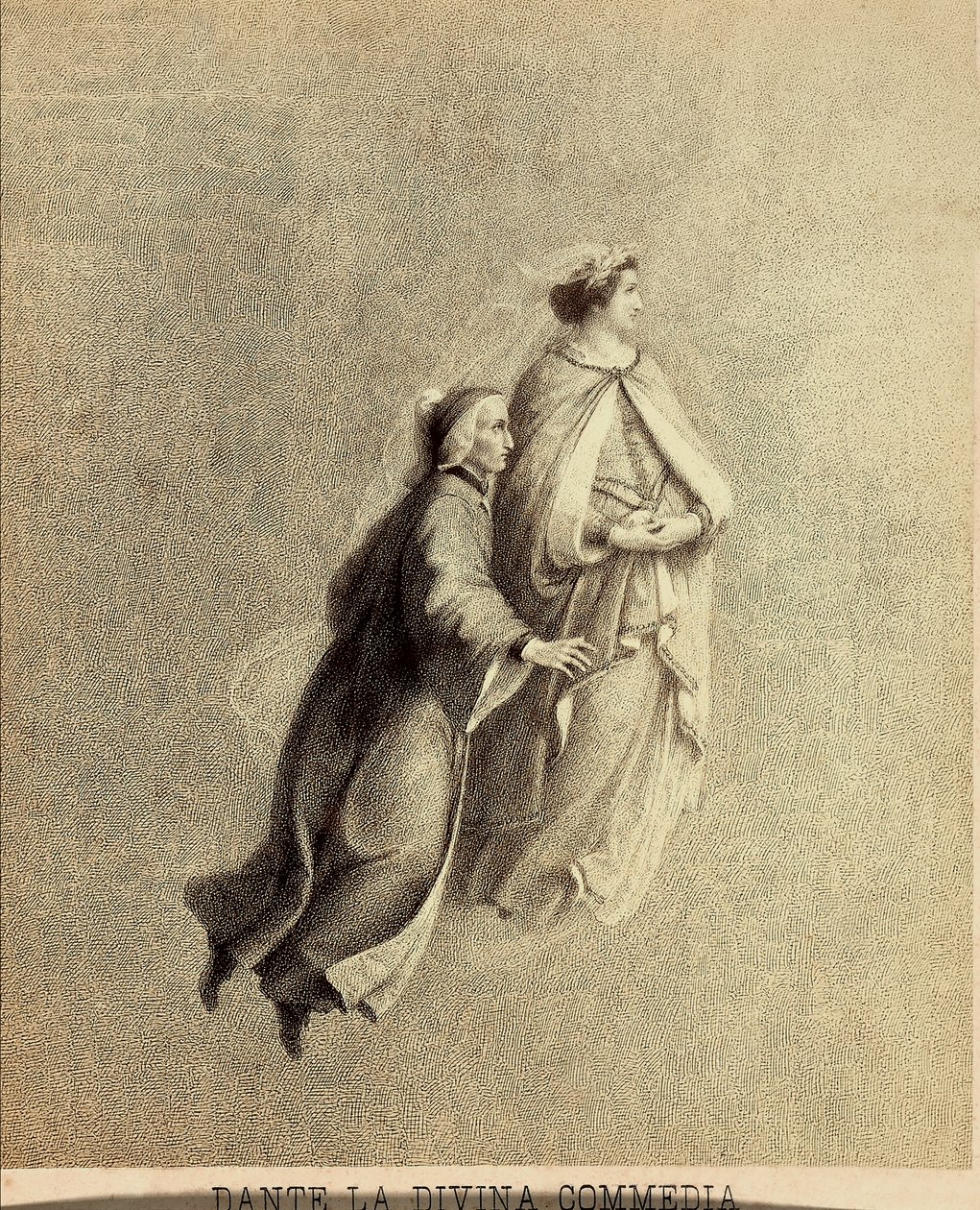 Dante és Beatrice repülnek a Paradicsom égboltján. Dante Alighieri Isteni komédiája Paradiso I. énekének illusztrációja. Franceso Scaramuzza műve, amelyet a firenzei önkormányzatnak szentelt. alkotó: Unbekannter Künstler