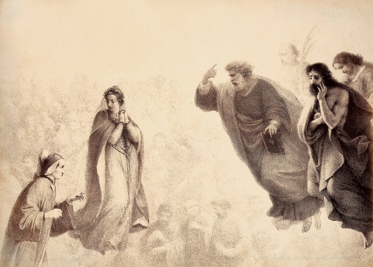 Dante és Beatrice Péter, Jakab és János apostolok ragyogó szellemei előtt. Péter a harag jeleként felemeli a karját. Illusztráció Dante Alighieri Az isteni komédia Paradiso című művének XXVII. énekéhez. Francesco Scaramuzza műve, amelyet a következőknek sz alkotó: Unbekannter Künstler