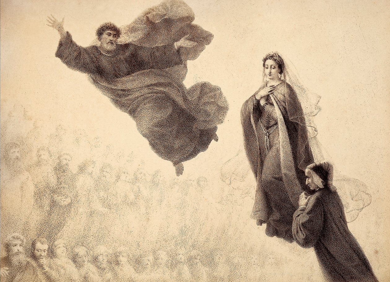 Dante és Beatrice találkozik Szent Péterrel. Dante Alighieri Isteni komédiájának Paradiso XXIV. énekének illusztrációja. Francesco Scaramuzza műve, amelyet a firenzei önkormányzatnak szentelt. alkotó: Unbekannter Künstler