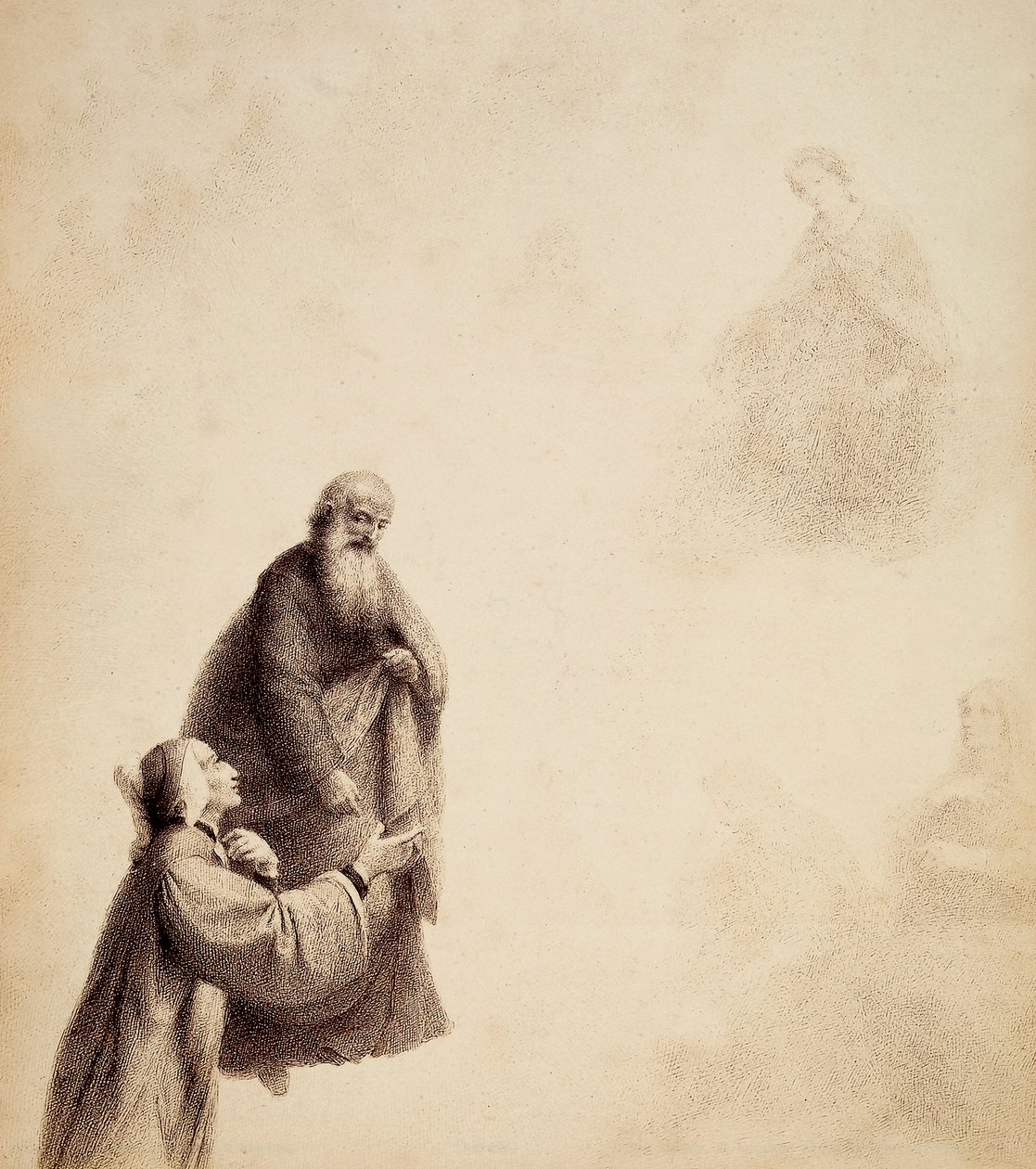 Dante, Szent Bernát segítségével, látja Beatricét egy trónon ülni az áldottak között, fényfüzérben. Illusztráció Dante Alighieri Isteni komédiája Paradiso című művének XXXI. énekéhez. Francesco Scaramuzza műve, amelyet a firenzei önkormányzatnak szentelt. alkotó: Unbekannter Künstler