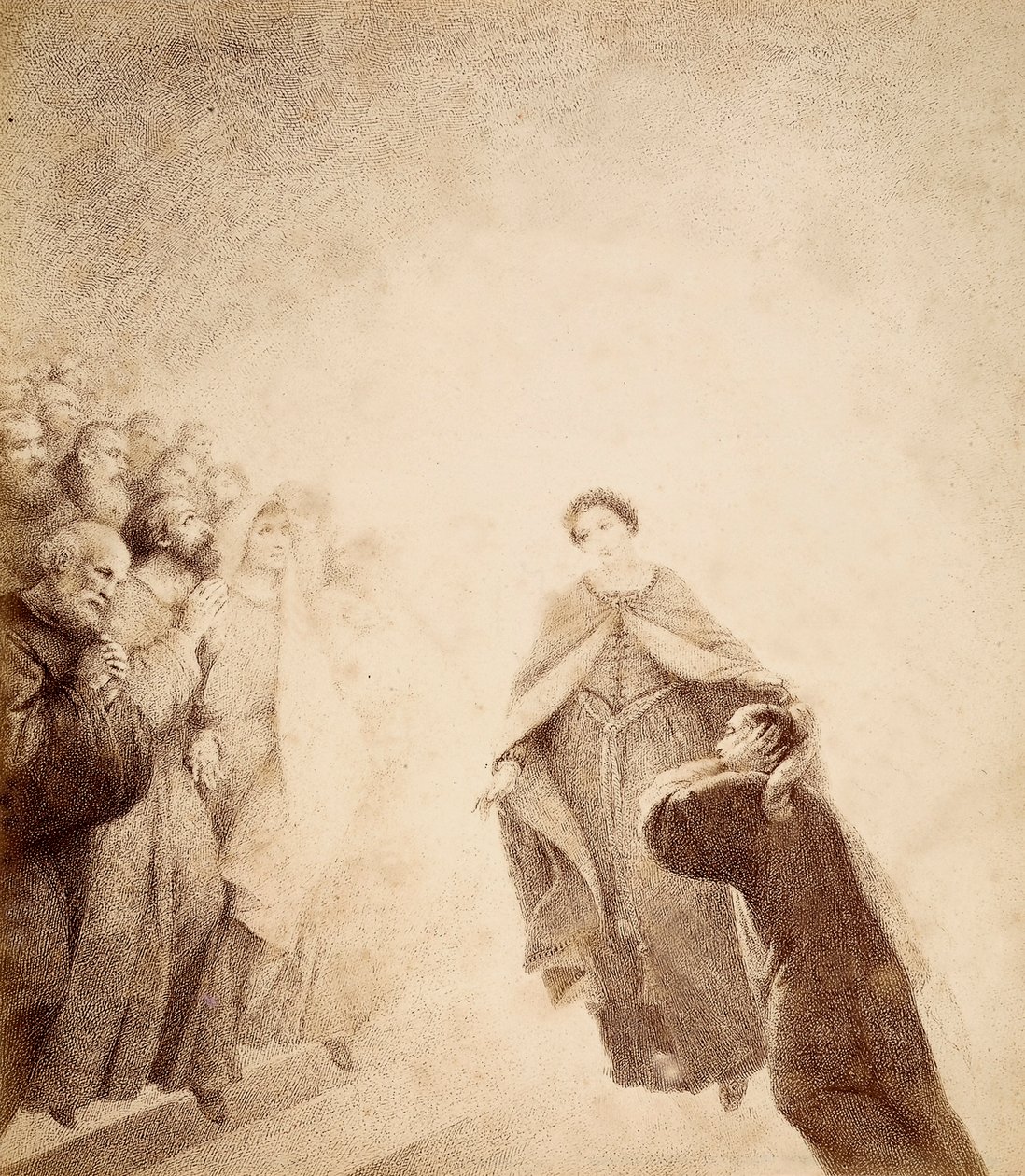 Dante a kezével befogja a fülét, mert elborítja a létrán elhelyezett szellemek haragos kiáltásai. Illusztráció Dante Alighieri Isteni komédiája Paradiso című művének XVI. énekéhez. Francesco Scaramuzza műve, amelyet a Municipalitnak szentelt. alkotó: Unbekannter Künstler