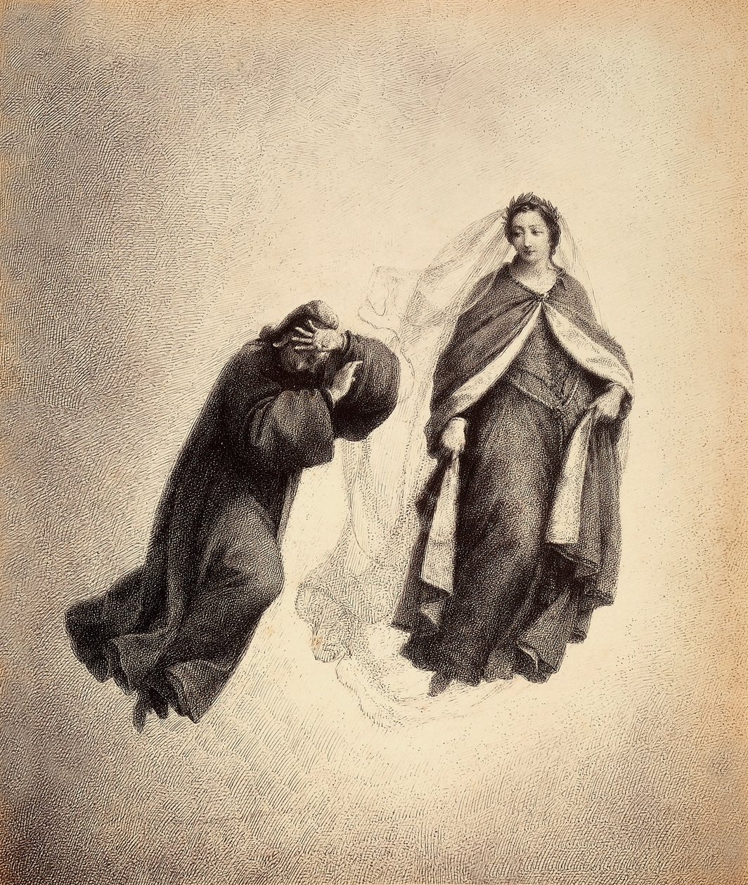 Dante kezeivel eltakarja arcát, elborul Beatrice isteni szeretettel teli tekintetétől. Illusztráció Dante Alighieri Isteni komédiája Paradiso című művének IV. énekéhez. Franceso Scaramuzza műve, amelyet a firenzei önkormányzatnak szentelt. alkotó: Unbekannter Künstler