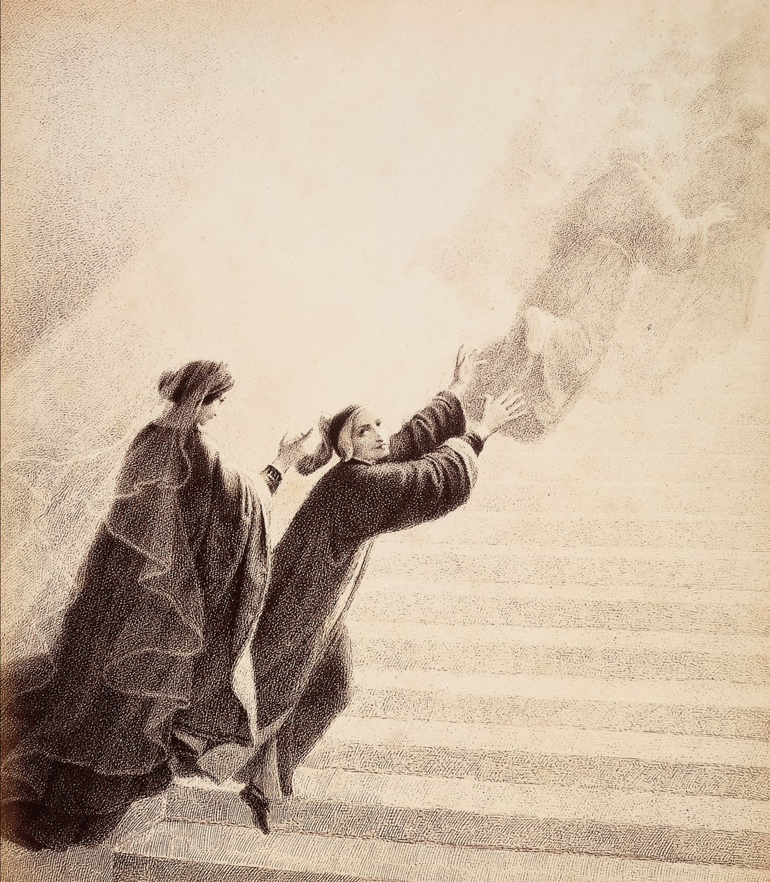 Dante, Beatrice egyszerű jelétől hajtva, az áldott szellemek után felmegy az aranylétrán. Illusztráció Dante Alighieri Az isteni komédia Paradiso című művének XVII. énekéhez. Francesco Scaramuzza műve, amelyet a firenzei önkormányzatnak szentelt. alkotó: Unbekannter Künstler