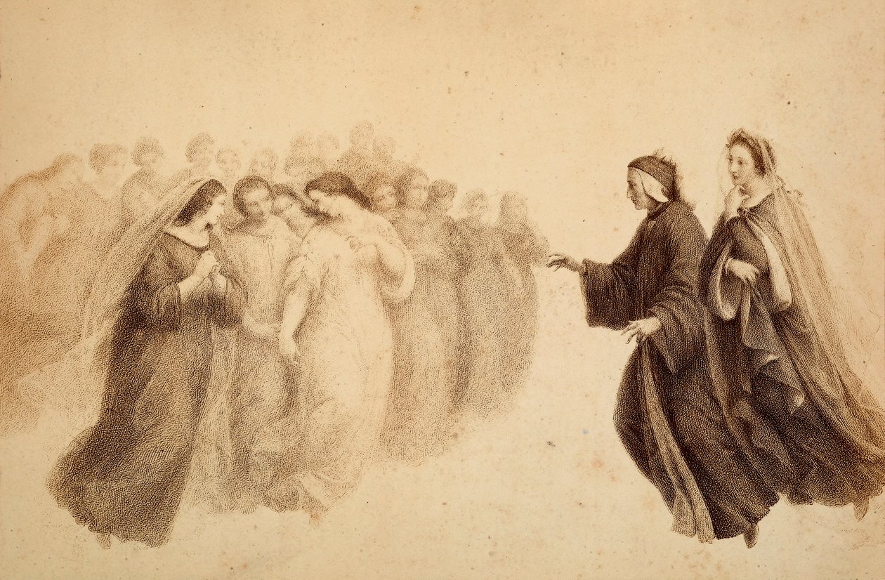 Dante Beatrice és az áldott szellemek társaságában. Illusztráció Dante Alighieri Az isteni komédia Paradiso című művének XXXIII. énekéhez. Francesco Scaramuzza műve, amelyet a firenzei önkormányzatnak szentelt. alkotó: Unbekannter Künstler