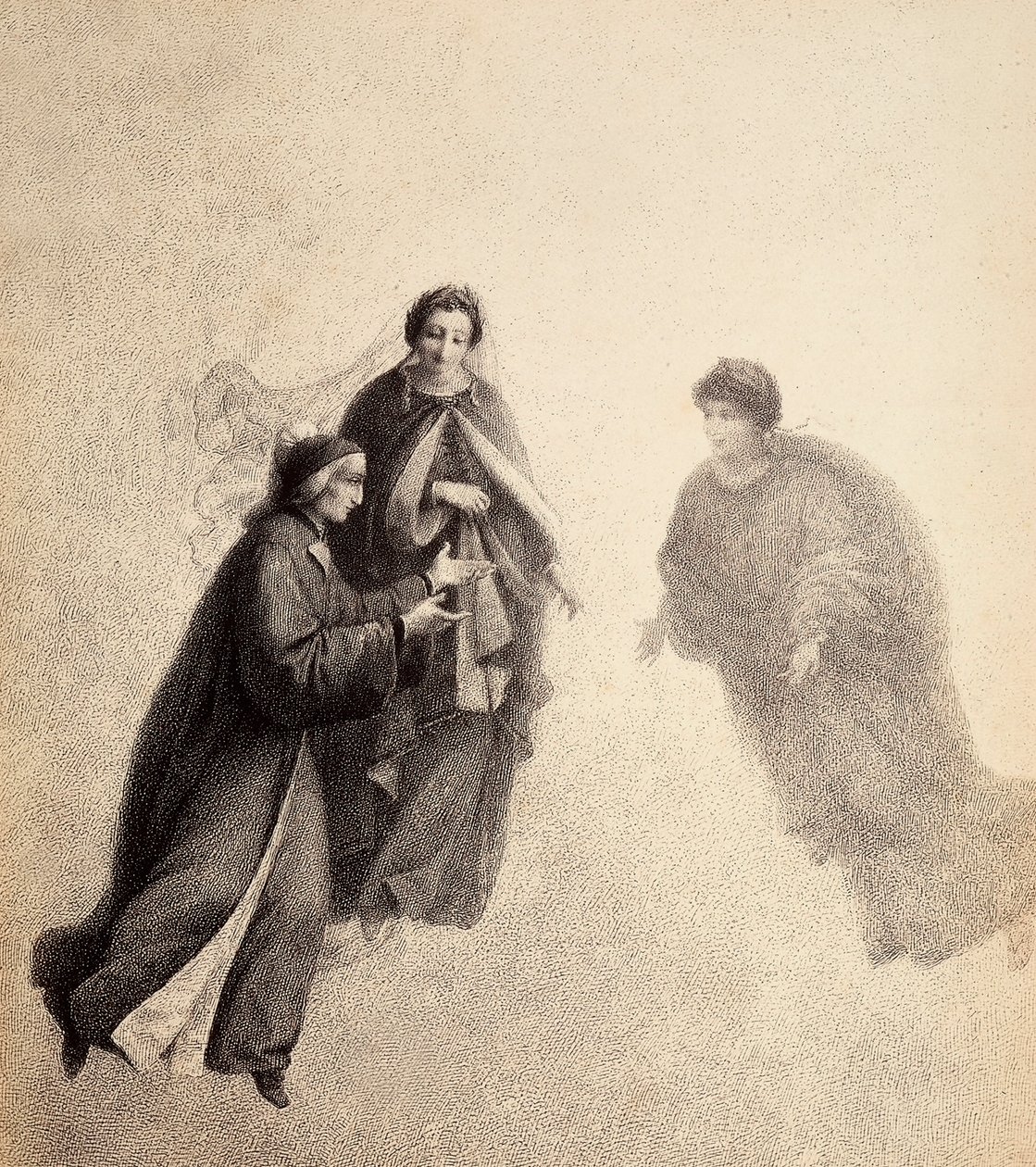 Dante, Beatrice ösztönzésére, jámbor lélekkel szólal meg. Illusztráció Dante Alighieri Isteni komédiája Paradiso című művének V. énekéhez. Franceso Scaramuzza műve, amelyet a firenzei önkormányzatnak szentelt. alkotó: Unbekannter Künstler