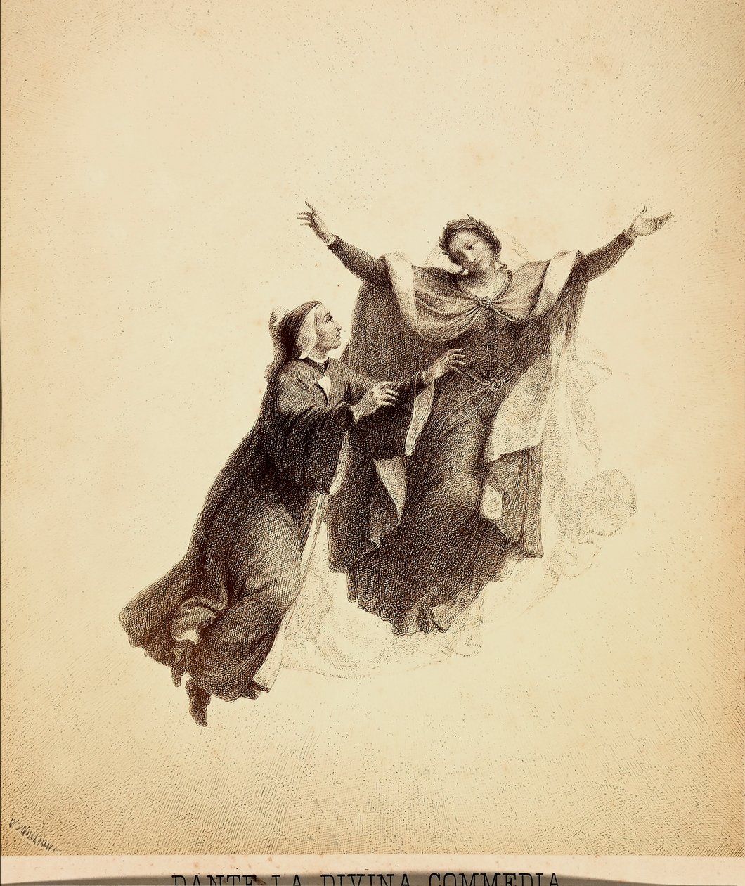 Dante tárt karokkal, Beatrice vezette menekülésben a Paradicsom égboltján át. Dante Alighieri Isteni komédiája Paradiso I. énekének illusztrációja. Franceso Scaramuzza műve, amelyet a firenzei önkormányzatnak szentelt. alkotó: Unbekannter Künstler