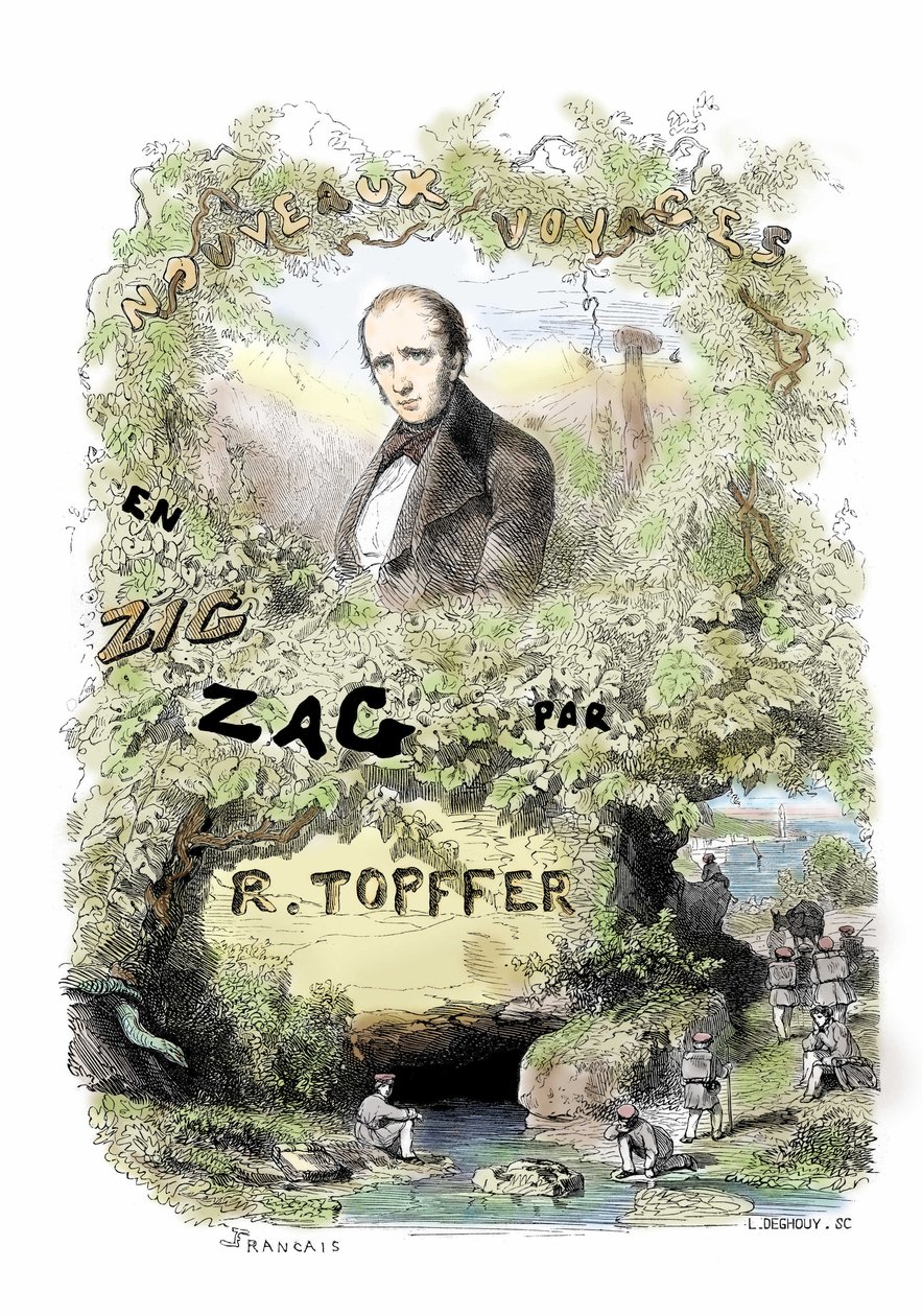 A képregény bemutatkozása: Rodolphe Topffer (1799-1846) "Nouveaux voyages en zig-zag" című művének címlapképe. alkotó: Unbekannter Künstler