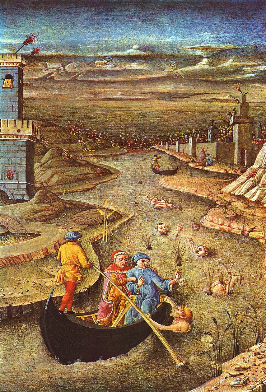 Isteni komédia: Dante és Vergilius, Charron kíséretében, találkoznak az elkárhozott Filippo Argenti (miniatűr) alkotó: Unbekannter Künstler