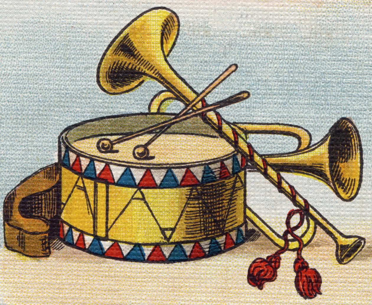 Dob és trombita. Metszet "Alphabet de ma petite fille". Bernardin-Bechet és Fils, könyvkereskedő-kiadók, Párizs, 1895 körül. Törhetetlen album vásznon. Bibliotheque des Bebes. 12 oldal. Olvasási módszert és szemléltető abecedát tartalmazó album alkotó: Unbekannt