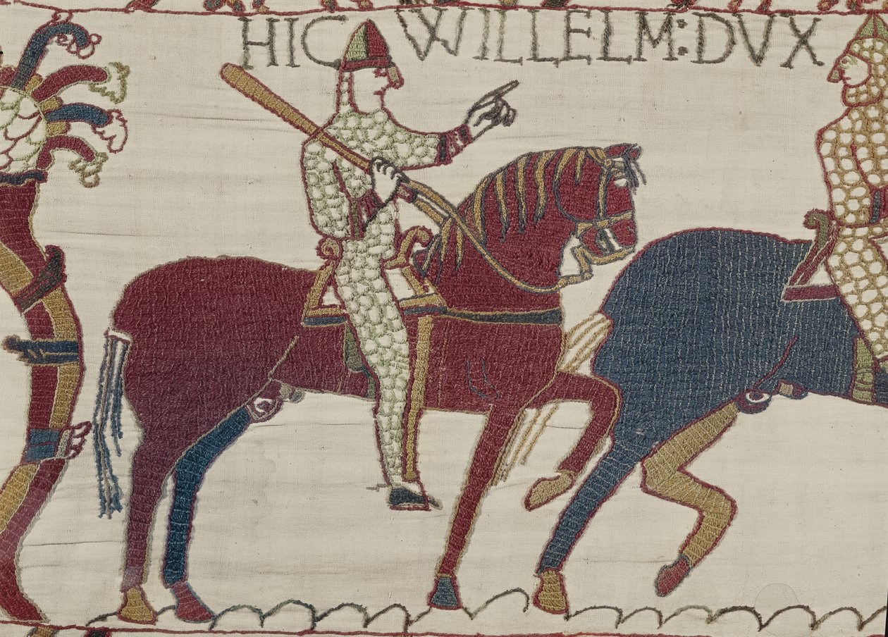 Vilmos herceg felszólítja csapatait, hogy készüljenek fel az angol hadsereg elleni csatára, Bayeux Tapestry (gyapjú hímzés vászonra) alkotó: Unbekannt