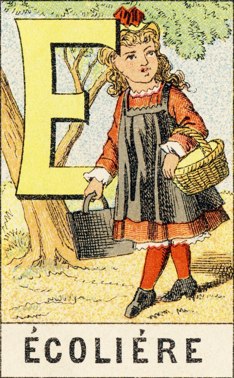 E: Iskoláslány - Az ABCD-ből vett metszet kislányokról. Pellerin & Cie, nyomda-kiadó, Epinal, 1890 körül. Serie A. Méretek: 19 x 13,5 cm. alkotó: Unbekannt