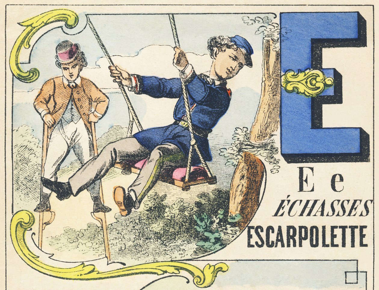 E : echasses, escarpolette - Games Alphabet, 1890 körül (illusztráció) alkotó: Unbekannt